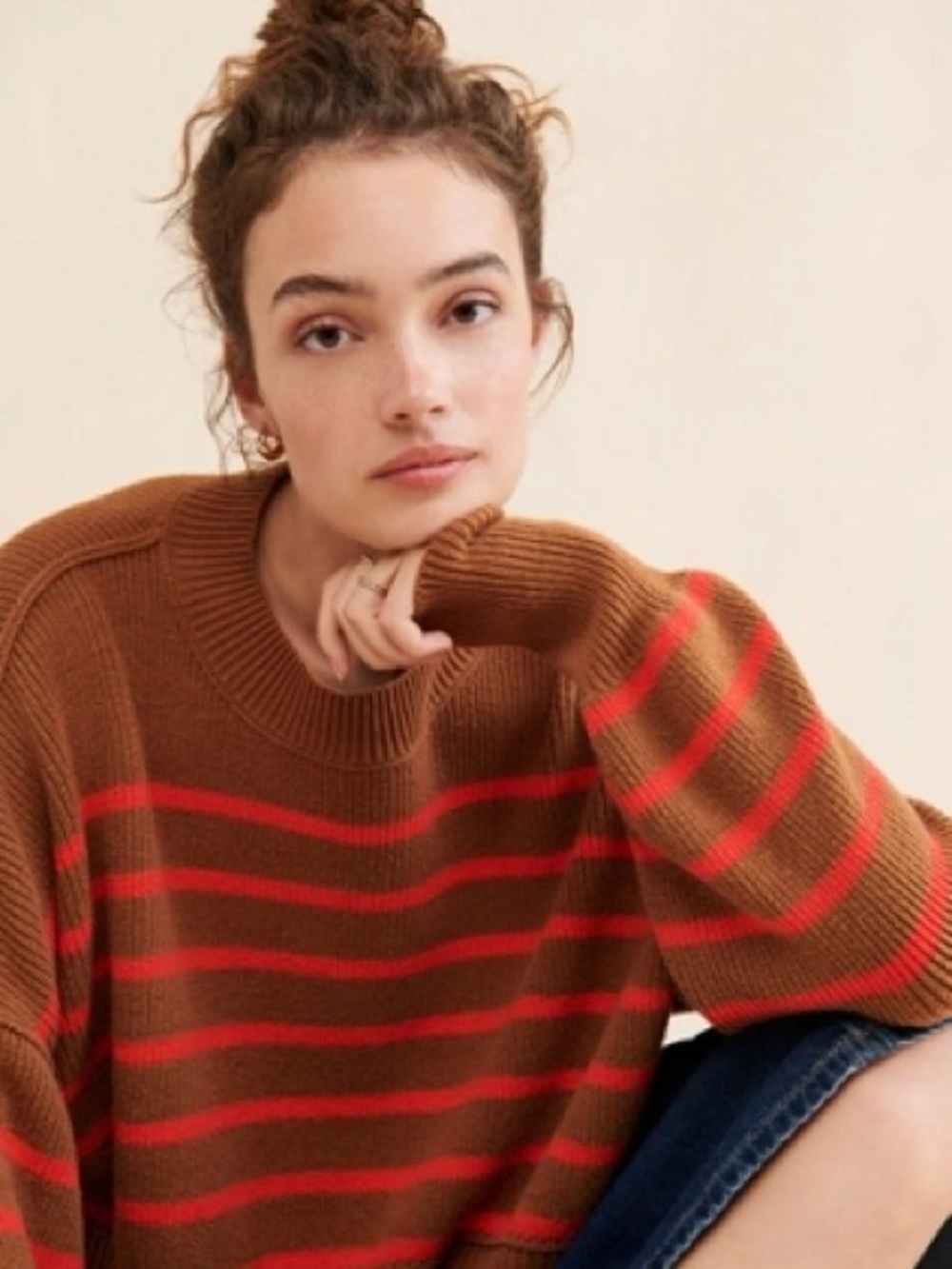 Free People Brown Crewneck Sweater with Red Stripes